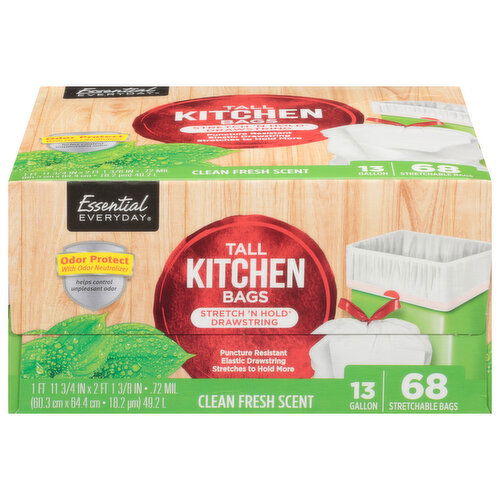 Essential Everyday Kitchen Bags, Stretch 'N Hold Drawstring, Clean Fresh Scent, 13 Gallon, Tall