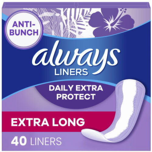 Always Daily Liners Always Daily Extra Protect Liners, Extra Long Length, Unscented Panty Liners, 40 CT