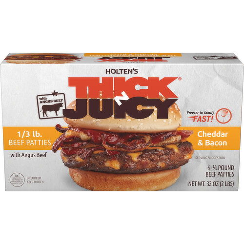 Holten Thick N Juicy Seasoned Beef Burger Patties, Bacon Cheddar, Frozen