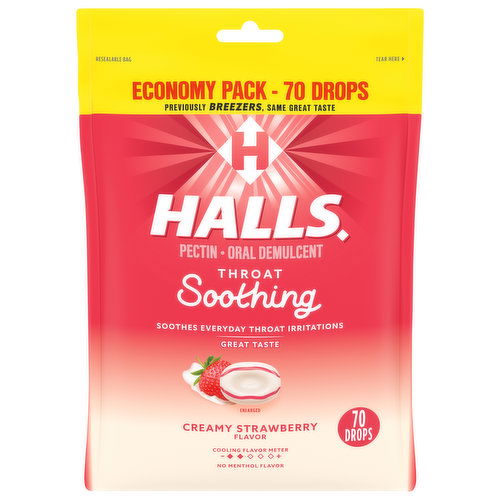 Halls Drops, Creamy Strawberry Flavor, Throat Soothing, Economy Pack