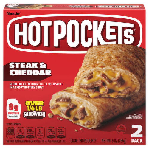 Hot Pockets Sandwiches, Crispy Buttery Crust, Steak & Cheddar, 2 Pack