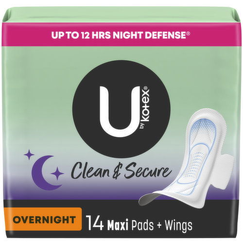 U by Kotex Clean & Secure Feminine Pads with Wings, Overnight Absorbency, Unscented