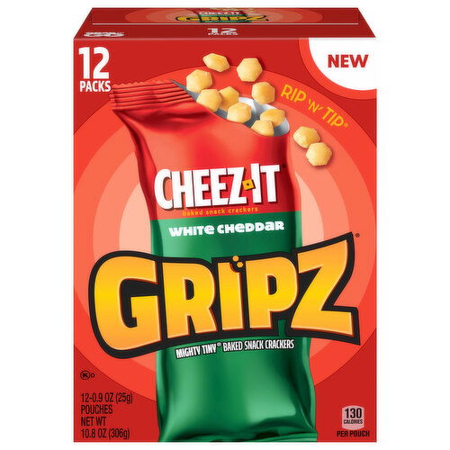 Cheez-It Gripz Baked Snacks Crackers, Mighty Tiny, White Cheddar, 12 Packs