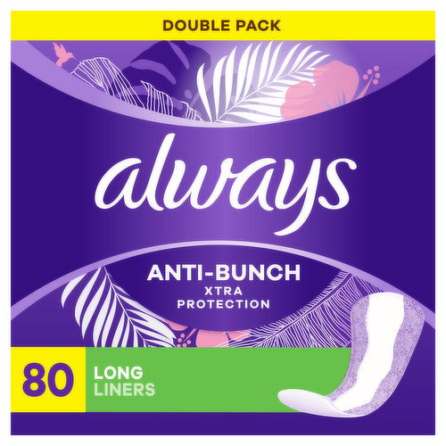 Always Daily Liners Always Anti-Bunch Xtra Protection Daily Liners, Long, Unscented, 80 CT