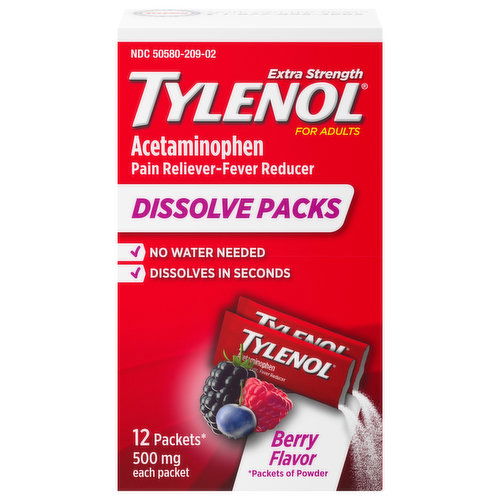 Tylenol Acetaminophen, Extra Strength, 500 mg, Berry Flavor, for Adults, Dissolve Packs