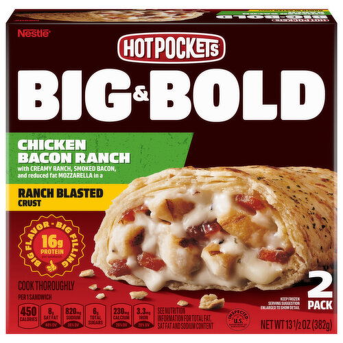 Hot Pockets Big & Bold Sandwiches, Ranch Blasted Crust, Chicken Bacon Ranch, 2 Pack