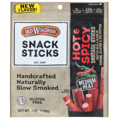 Old Wisconsin Sausage Sticks, Hot & Spicy, Medium Heat