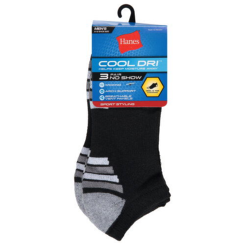 Hanes Socks, No Show, Black, Men's