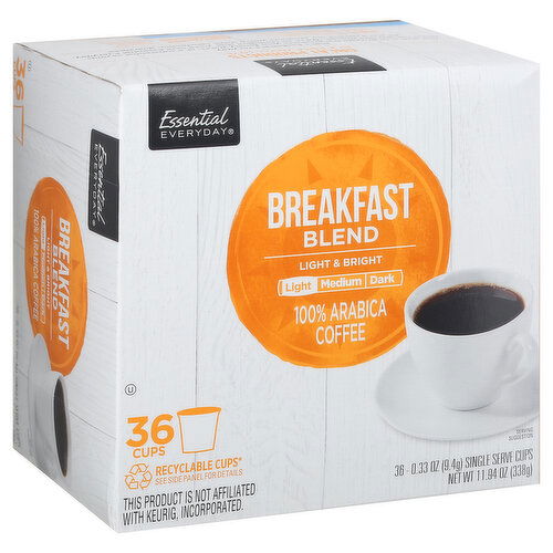 Essential Everyday Coffee, 100% Arabica, Light Roast, Breakfast Blend, Single Serve Cups