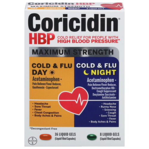 Coricidin HBP Cold & Flu, Day/Night, Maximum Strength, Liquid Gels