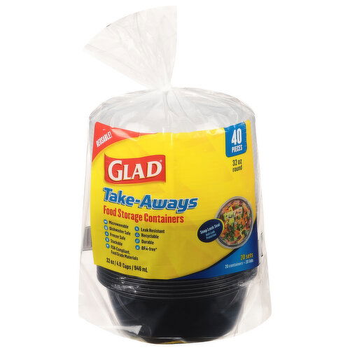 Glad Take-Aways Food Storage Containers, Round, 32 Ounce, 20 Sets