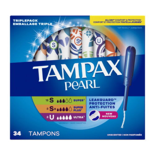 Tampax Pearl Tampax Pearl Tampons Multipack with LeakGuard Braid, Super/Super Plus/Ultra, 34 Ct