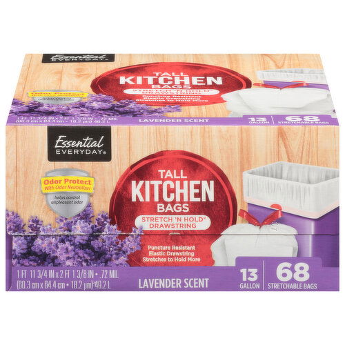 Essential Everyday Kitchen Bags, Stretch 'N Hold Drawstring, Lavender Scent, 13 Gallon, Tall