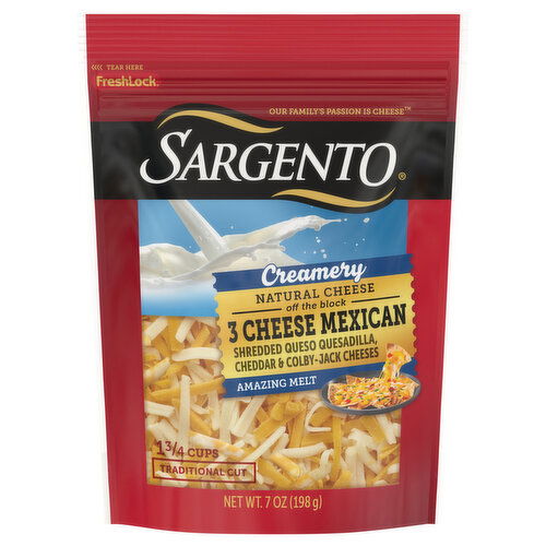 Sargento Cheese, Traditional Cut, 3 Cheese Mexican, Shredded