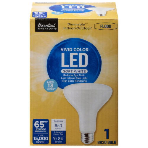 Essential Everyday Light Bulb, LED, Flood, Soft White, Vivid Color, 65 Watts