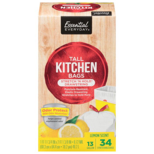 Essential Everyday Kitchen Bags, Stretch 'N Hold Drawstring, Lemon Scent, 13 Gallon, Tall