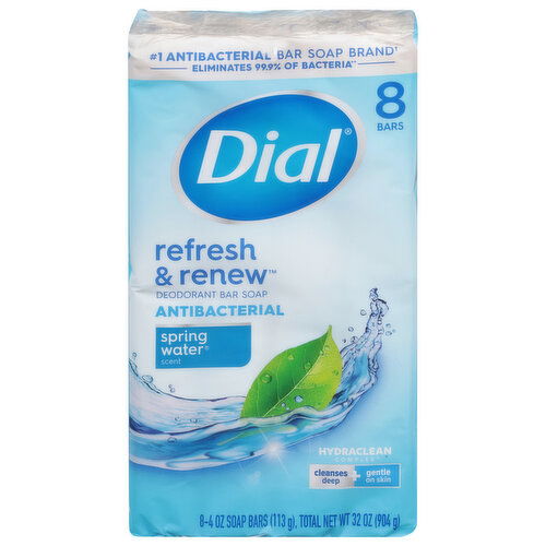 Dial Refresh & Renew Bar Soap, Deodorant, Antibacterial, Spring Water Scent