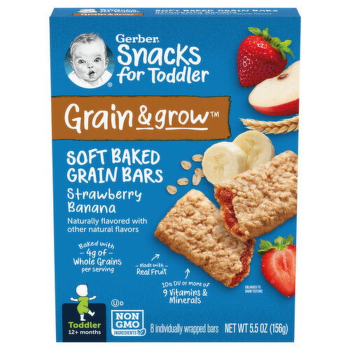 Gerber Snacks for Baby Grain Bars, Soft Baked, Grain Bars, Strawberry Banana, Toddler, 12+ Months