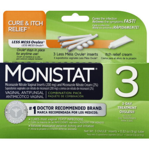 Monistat 3 Cure & Itch Relief Vaginal Antifungal, 3-Day Treatment Ovules, Combination Pack