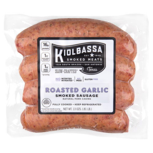 Kiolbassa Sausage, Smoked, Roasted Garlic