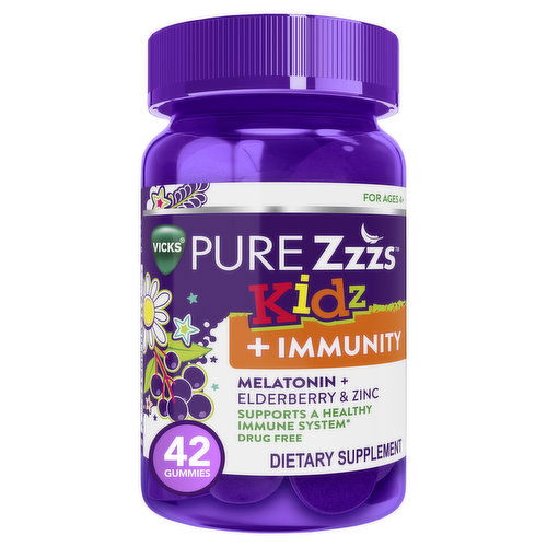 Vicks Immune Support Vicks PURE Zzzs Kidz + Immunity Sleep Aid Gummies, 0.5mg Melatonin per gummy, Dietary Supplement, 42 Ct