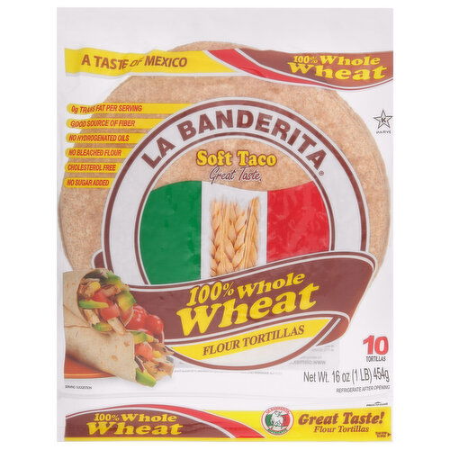 La Banderita Flour Tortillas, 100% Whole Wheat, Soft Taco