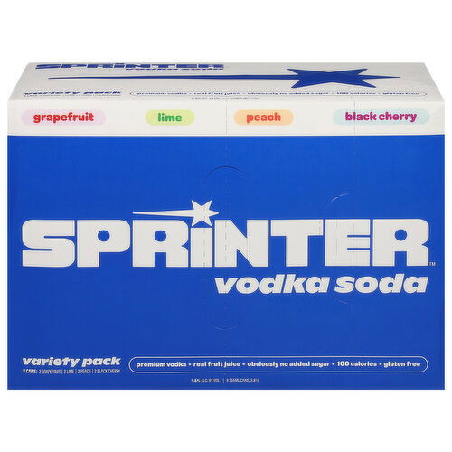 Sprinter Vodka Soda, Grapefruit/Lime/Peach/Black Cherry, Variety Pack