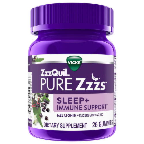 Vicks ZzzQuil, Pure Zzzs Melatonin + Elderberry + Zinc, Sleep + Immune Support, Pure Zzzs, Gummies