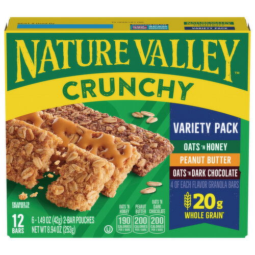 Nature Valley Granola Bars, Oats 'n Honey/Peanut Butter/Oats 'n Dark Chocolate, Crunchy, Variety Pack