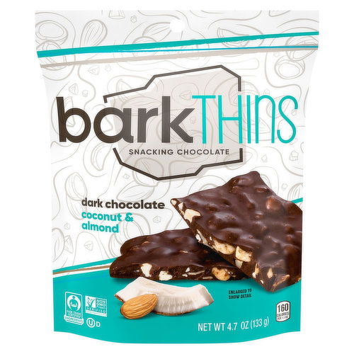 barkTHINS Snacking Chocolate, Coconut & Almond, Dark Chocolate