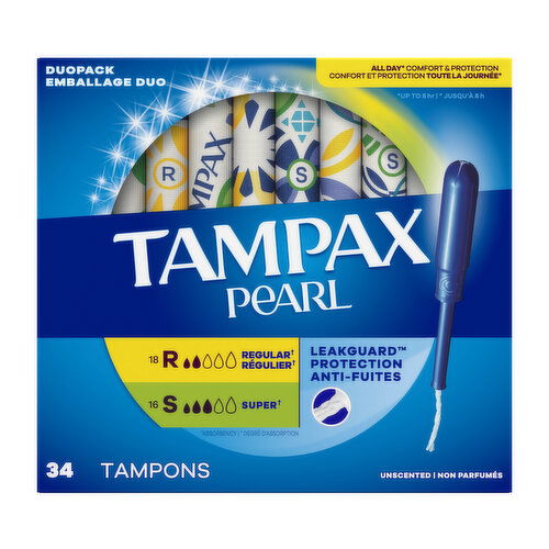Tampax Pearl Tampax Pearl Tampons Multipack with LeakGuard Braid, Regular/Super, 34 Ct
