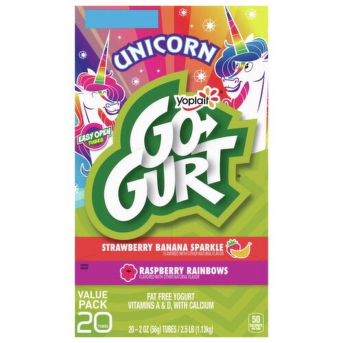 Go-Gurt Yogurt, Fat Free, Raspberry Rainbows/Strawberry Banana Sparkle, Unicorn, Value Pack