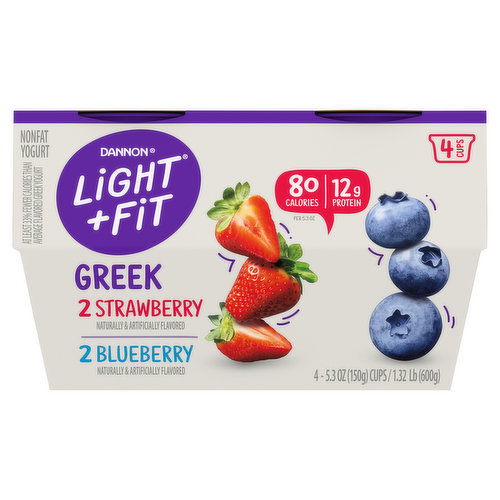 Dannon Strawberry Blueberry, Light+Fit, Greek Yogurt, 4 Pack