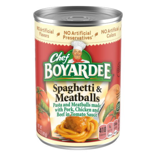 Chef Boyardee Spaghetti and Meatballs in Tomato Sauce, Ready-to-Eat Meal Spaghetti and Meatballs in Tomato Sauce, Ready-to-Eat Meal