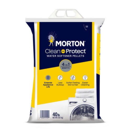 Morton Clean and Protect Water Softener Salt prevents buildup, extending the life of pipes & appliances.