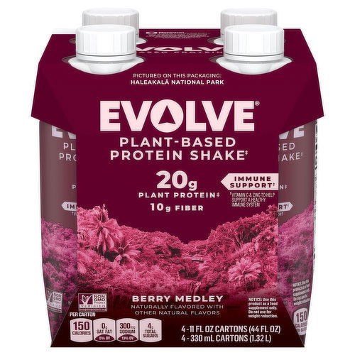 Evolve Protein Shake, Plant-Based, Berry Medley, 4 Pack