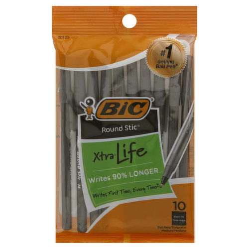 BiC Round Stic Ball Pens, Black Ink, Xtra Life, Medium