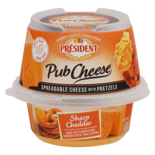 President Pub Cheese Spreadable Cheese with Pretzels, Sharp Cheddar