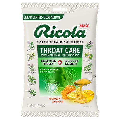 Ricola Drops, Honey Lemon, Throat Care, Extra Menthol, Liquid Center, Wrapped Drops