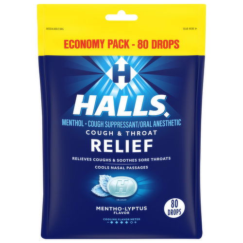 Halls Cough & Throat Relief, Mentho-Lyptus Flavor, Drops, Economy Pack