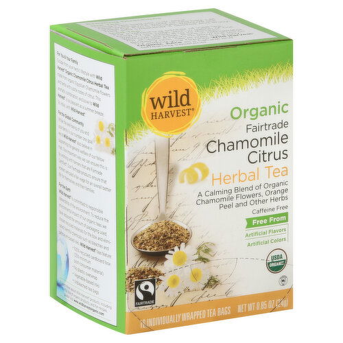 Wild Harvest Herbal Tea, Organic Fairtrade, Chamomile Citrus, Caffeine Free, Individually Wrapped Tea Bags