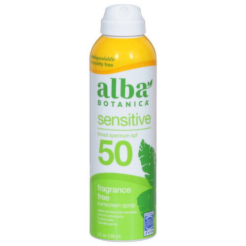 Alba Botanica Sunscreen Spray, Sensitive, Fragrance Free, Broad Spectrum SPF 50