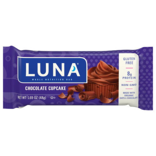 Luna LUNA Bar - Chocolate Cupcake - Gluten-Free - Non-GMO - 7-9g Protein - Made with Organic Oats - Low Glycemic - Whole Nutrition Snack Bar - 1.69 oz.