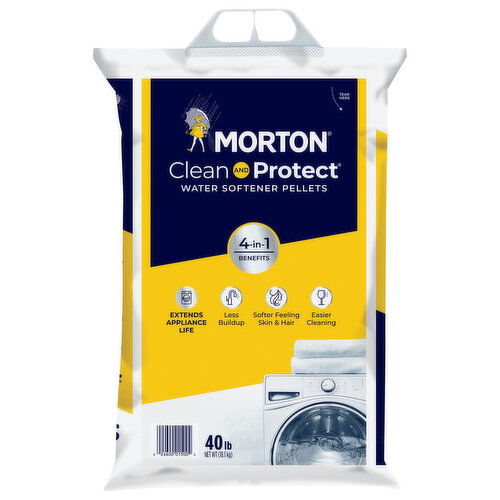 Morton Clean and Protect Water Softener Salt prevents buildup, extending the life of pipes & appliances.