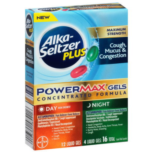 Alka-Seltzer Plus Cough, Mucus & Congestion, Maximum Strength, Day/Night, PowderMax Gels