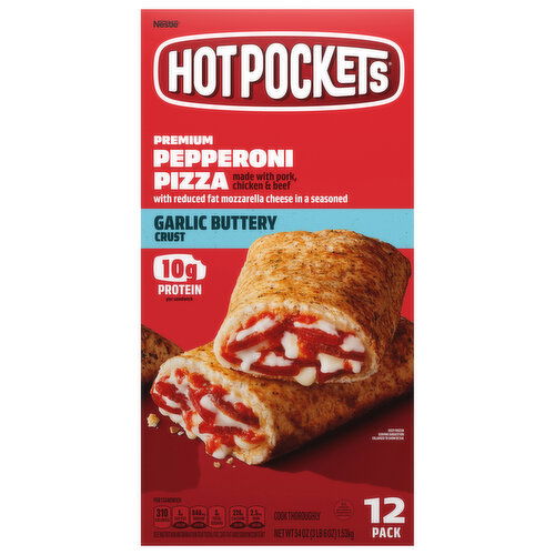 Hot Pockets Sandwiches, Premium, Garlic Buttery Crust, Pepperoni Pizza, 12 Pack