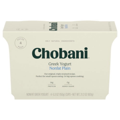 Chobani Yogurt, Plain, Nonfat, Greek, Value 4 Pack