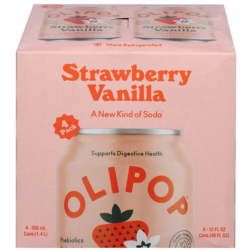 Olipop Soda, Strawberry Vanilla, 4 Pack