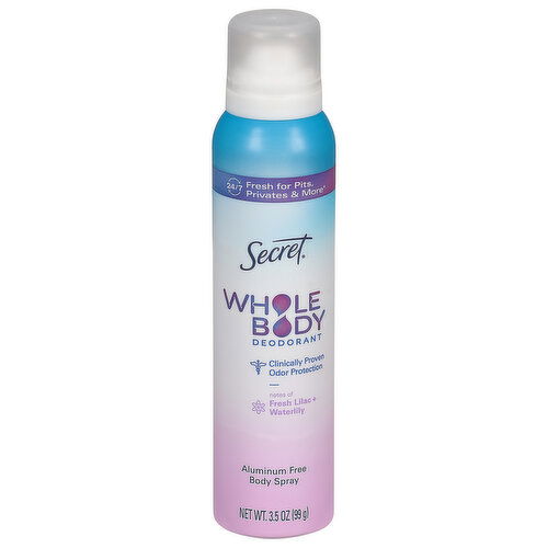 Secret Deodorant, Whole Body, Aluminum Free, Fresh Lilac + Waterlily, Spray