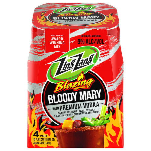 Zing Zang Bloody Mary, with Premium Vodka, Blazing, 4 Pack